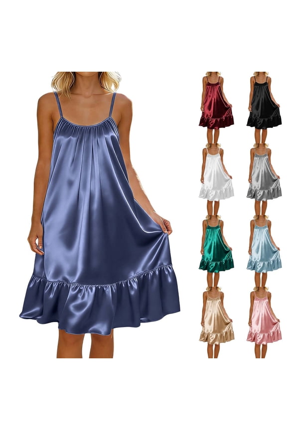 Women’s Satin Camisole Slip Dress V Back Tie Waist Ruffle Hem Loungewear​