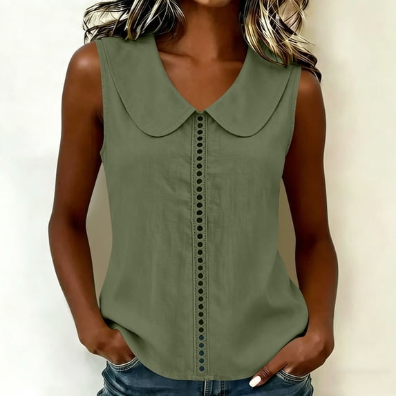 Shihyeh Women’s Sleeveless Peter Pan Collar Solid Color Casual Cutwork Detail Blouse Top