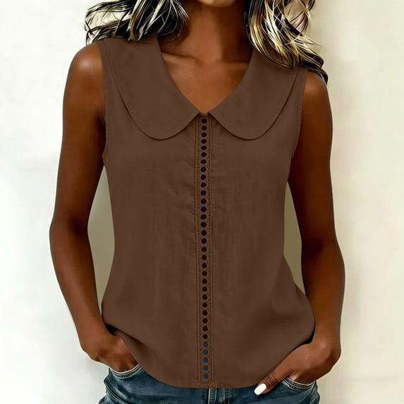 Shihyeh Women’s Sleeveless Peter Pan Collar Solid Color Casual Cutwork Detail Blouse Top
