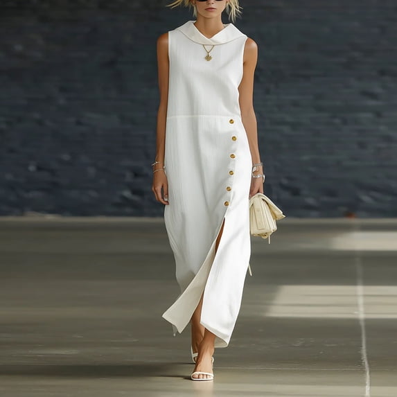 Shihyeh Women's Solid Color Casual Linen Sleeveless Slit Long Skirt Dress