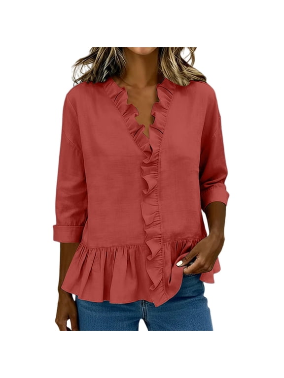 Women's Solid Color Ruffle Hem 3/4 Sleeve T Shirt Blouse Casual Pullover Top