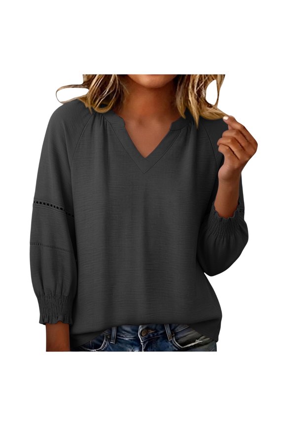 Women's Solid Color V Neck 3/4 Sleeve Pullover Ruching Top