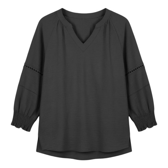 Shihyeh Women's Solid Color V Neck 3/4 Sleeve Pullover Ruching Top