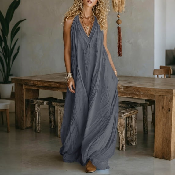 Shihyeh Women's Summer Maxi Dress Flowy V Neck Sleeveless Casual Beach Vacation Sundresses Boho Long Dress