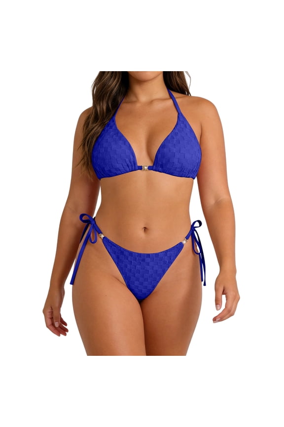 Women's Triangle Bikini Multiway Fishnet Tie Side Bandeau Halter String Bikini Set Two Piece Swimsuit Bathing Suits
