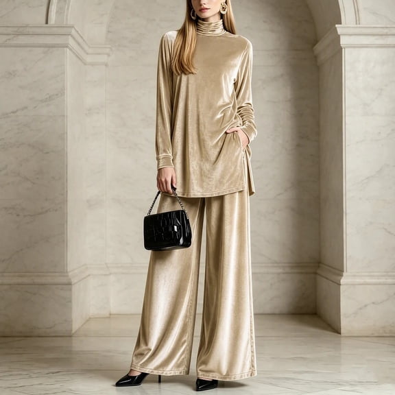 Shihyeh Women's Velvet 2-Piece Set Mock Neck Long Sleeve Wide-Leg Pants Elegant Dressy