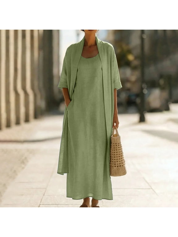 Womens Linen 3 Piece Outfits, Long Cardigan Spaghetti Strap Tank Top Slit Maxi Skirt Elegant Summer Lounge Sets