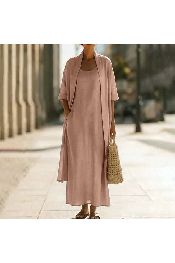 Womens Linen 3 Piece Outfits, Long Cardigan Spaghetti Strap Tank Top Slit Maxi Skirt Elegant Summer Lounge Sets