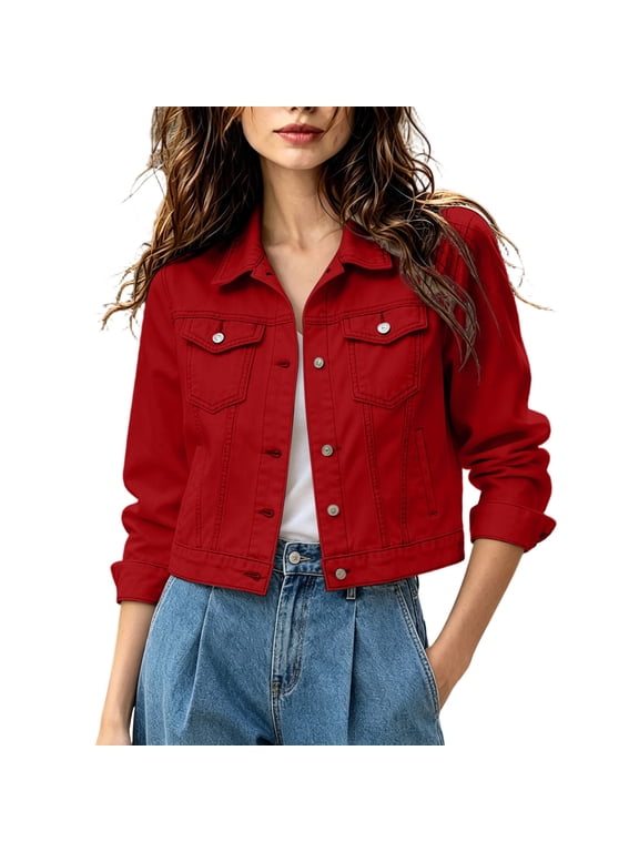 Womens New British Style Solid Color Denim Jacket, Classic Collared Button Down Jean Coat for Women Daily Casual Spring Fall Outerwear