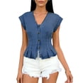 thumbnail image 1 of Shihyeh Womens V Neck Denim Vests Tops Trendy Summer Casual Button Down Y2k Fitted Pleated Sleeveless Jean Tops, 1 of 4