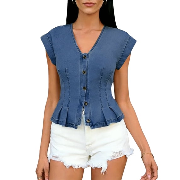 Shihyeh Womens V Neck Denim Vests Tops Trendy Summer Casual Button Down Y2k Fitted Pleated Sleeveless Jean Tops