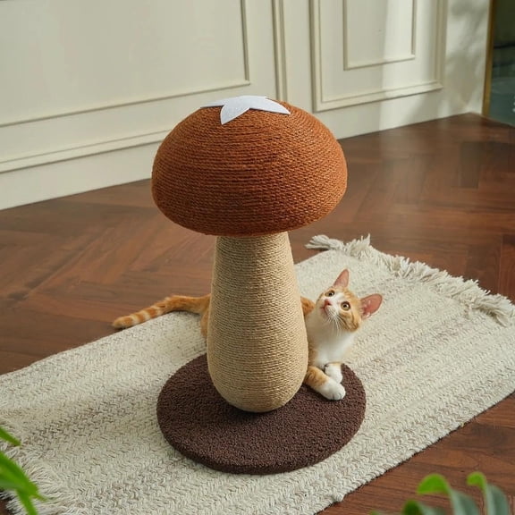 Shiitake Mushroom Cat Scratching Post, Mushroom Cat Scratcher for Indoor Cats, 100% Sisal Scratch Pole with Pompom Toy, Cute Durable Furniture