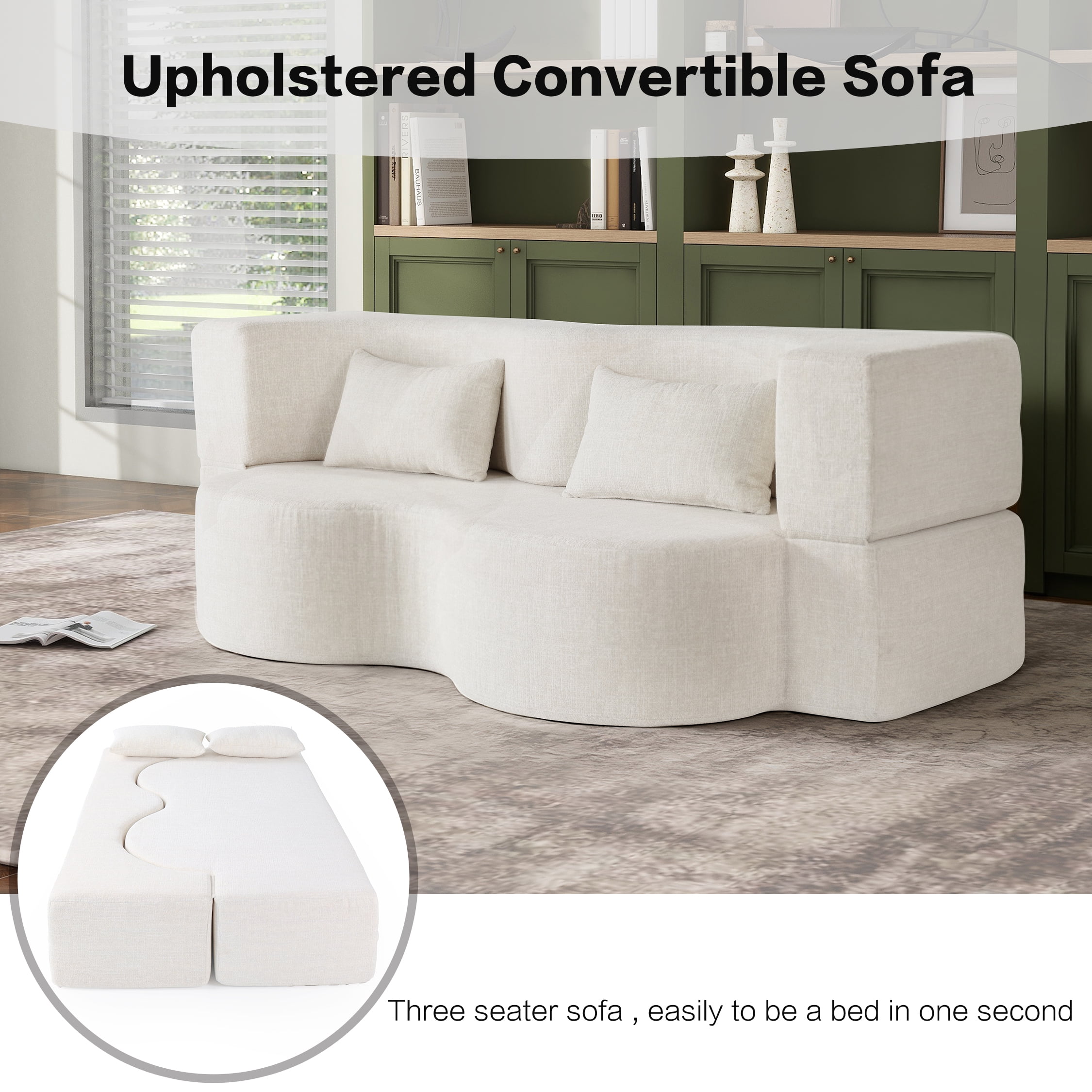 Shikeyi 2-in-1 Foldable Sofa Bed Memory Foam Convertible Sleeper Boneless Couch, 75" Wide 2-Seat Faux Fur SofaBed with 2 Pillows for Living Room Apartment Small Space, Beige + Cream