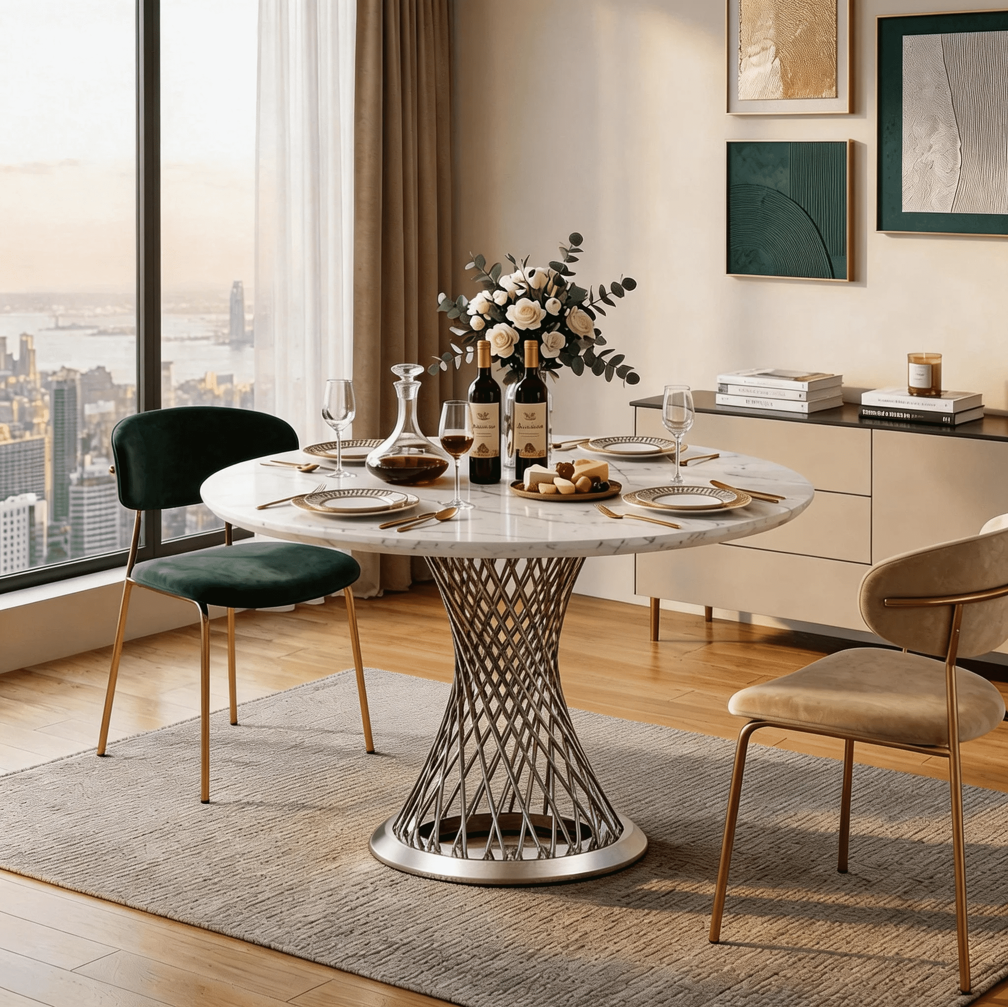 Shikeyi 47" Modern Round Faux Marble Dining Table for 4-6 People, Luxury Silver Stainless Steel Pedestal Base Dinner Table for Dining Room, White (Table Only)