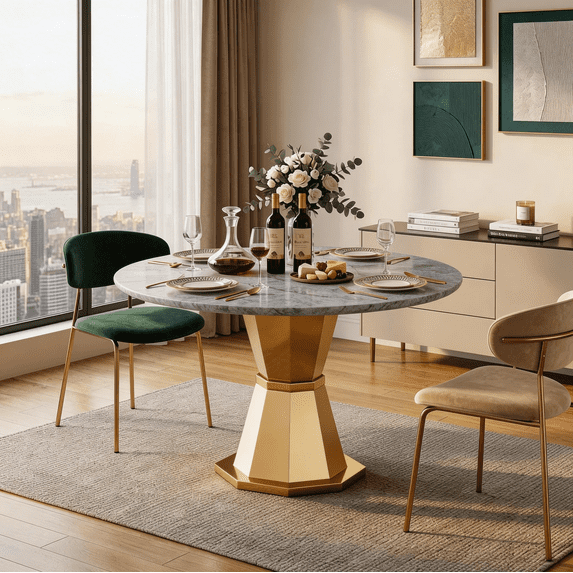 Shikeyi 47" Round Marble Dining Table for 4-6, Luxury Modern Kitchen Table with Marble Grain MDF Tabletop & Gold Mirrored Stainless Steel Pedestal Base for Dining Room, Grey (Table Only)