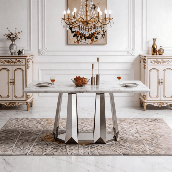 Shikeyi 70" Marble Dining Table for 6-8, Modern Luxury Silver Rectangular Large Kitchen Table, Marble Grain MDF Tabletop & Stainless Steel Base for Kitchen Dining Room, White (Table Only)