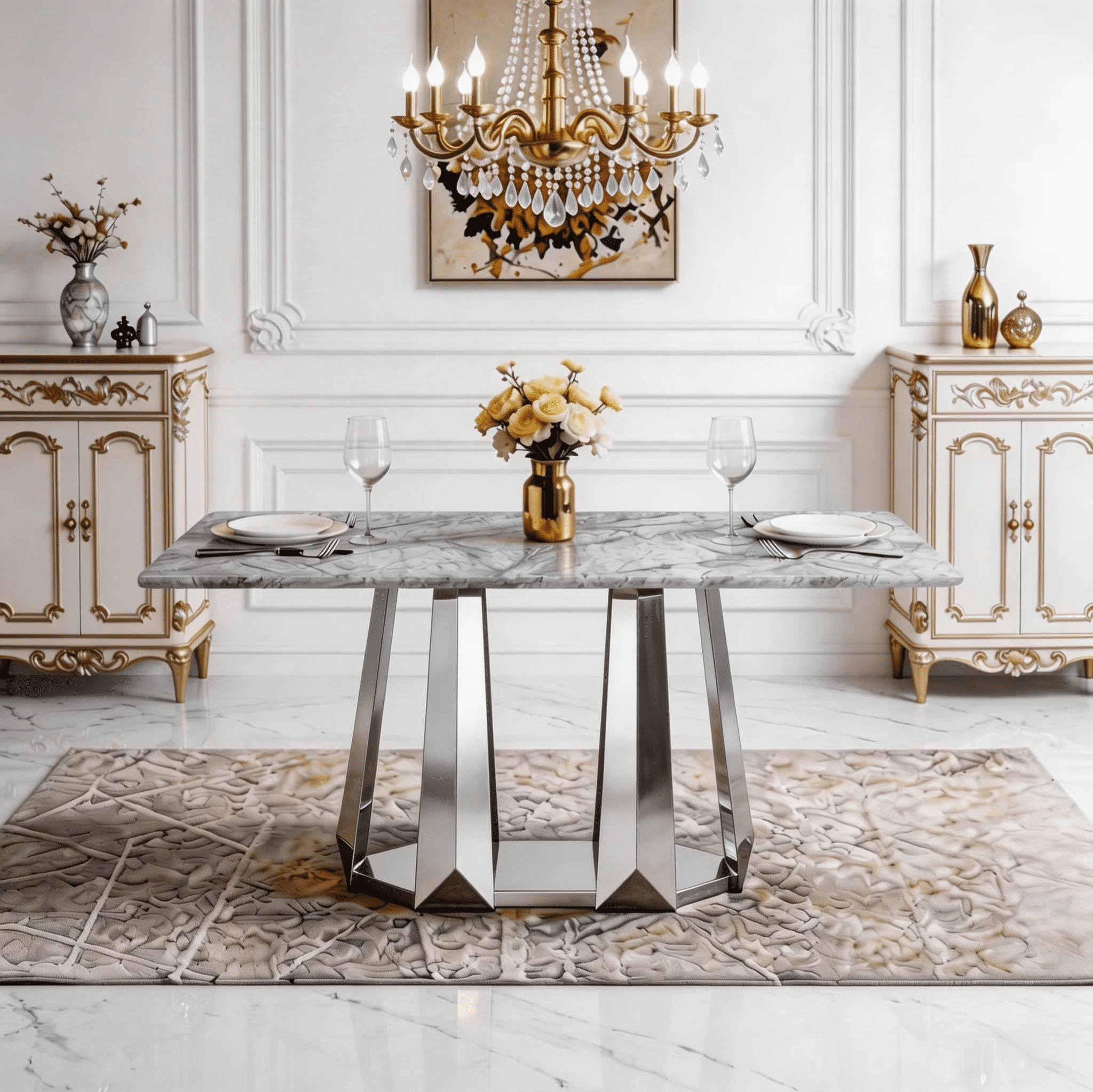 Shikeyi 70" Marble Dining Table for 6-8, Modern Luxury Silver Rectangular Large Kitchen Table, Marble Grain MDF Tabletop & Stainless Steel Base for Kitchen Dining Room, Grey (Table Only)