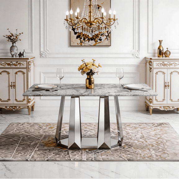 Shikeyi 70" Marble Dining Table for 6-8, Modern Luxury Silver Rectangular Large Kitchen Table, Marble Grain MDF Tabletop & Stainless Steel Base for Kitchen Dining Room, Grey (Table Only)