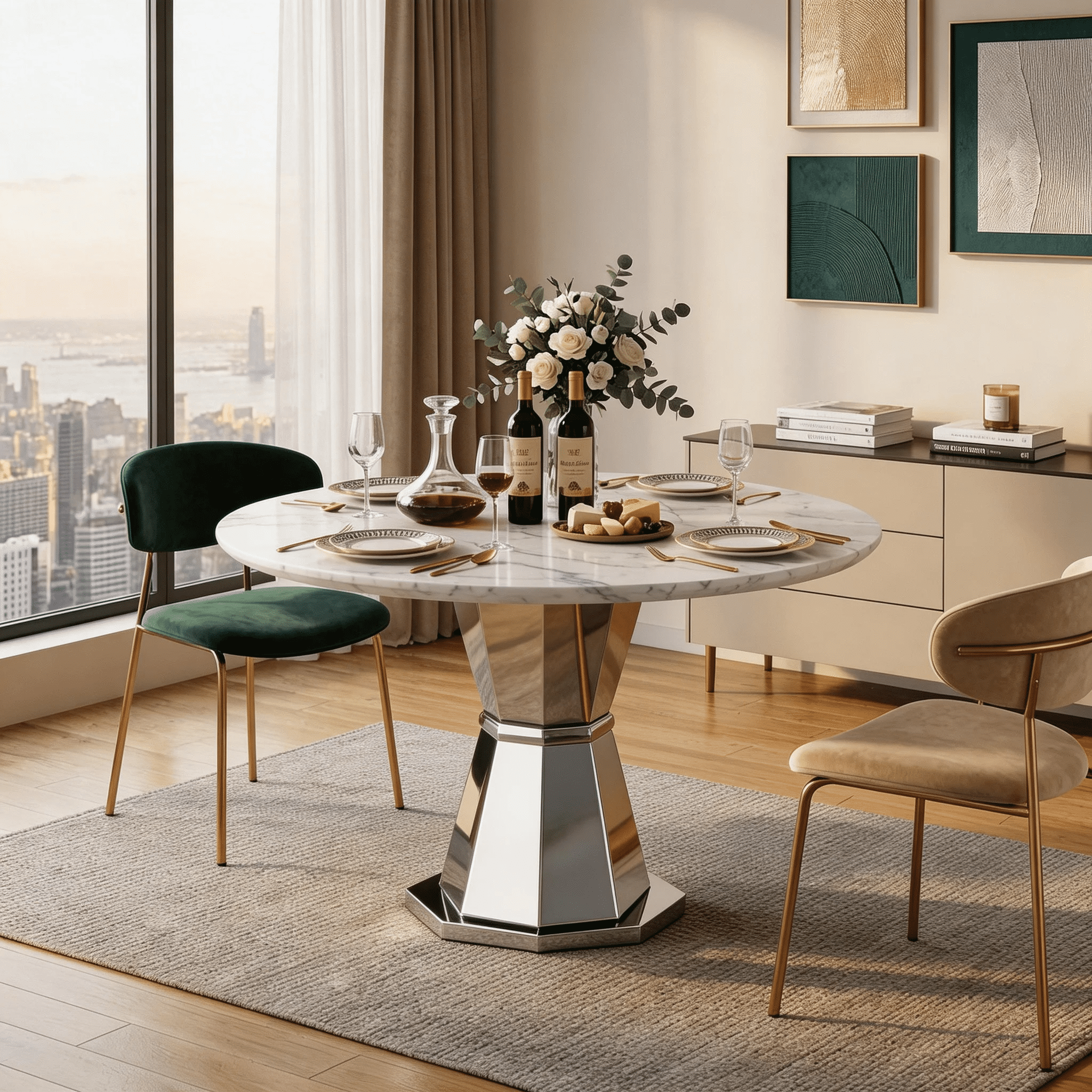 Shikeyi 47" Round Marble Dining Table for 4-6, Luxury Modern Kitchen Table with Marble Grain MDF Tabletop & Silver Mirrored Stainless Steel Pedestal Base for Dining Room, White (Table Only)