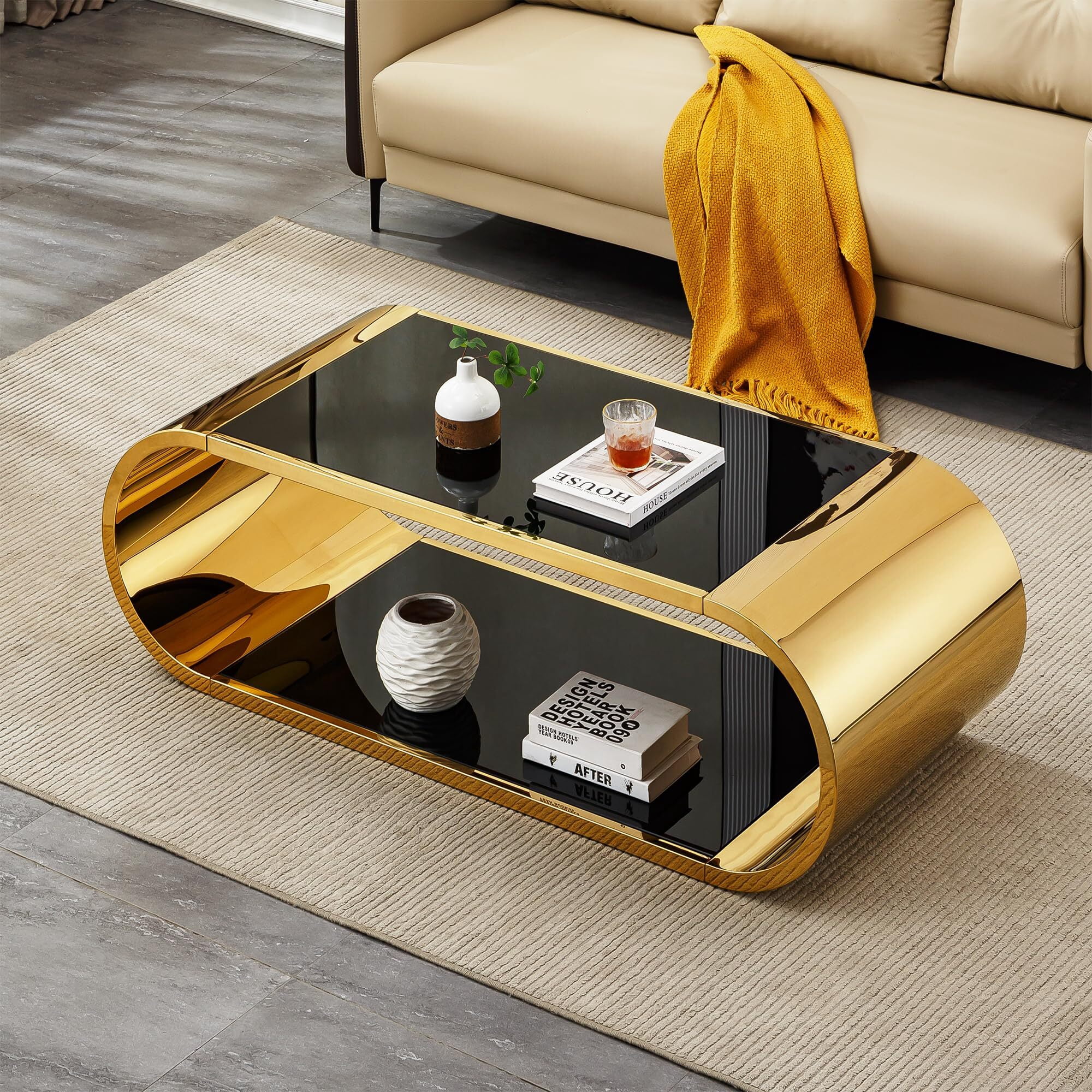 Shikeyi 57" Modern Oval Coffee Table with Gold Stainless Steel Base, 2-Tier Black Tempered Glass Top, Luxury Curved Center Table for Living Room, Home Office, Apartment, Unique Glam Decor