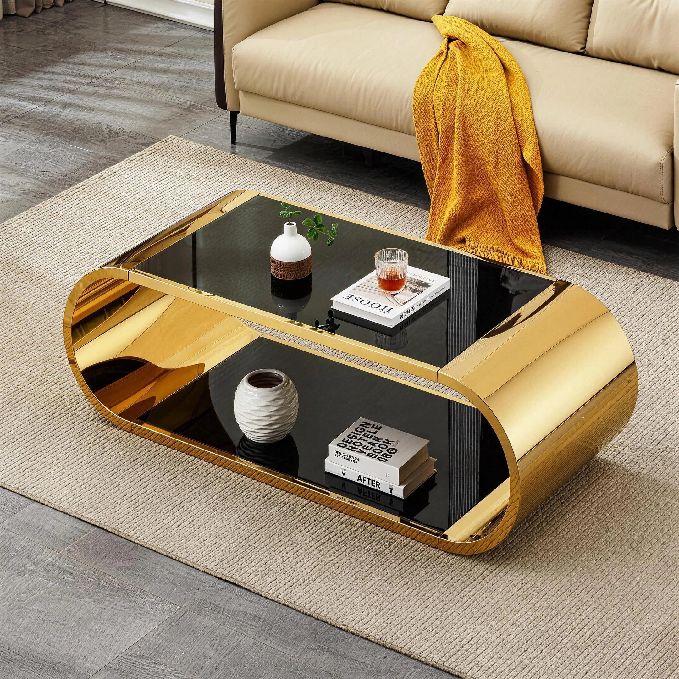 Shikeyi 57" Modern Oval Coffee Table with Gold Stainless Steel Base, 2-Tier Black Tempered Glass Top, Luxury Curved Center Table for Living Room, Home Office, Apartment, Unique Glam Decor