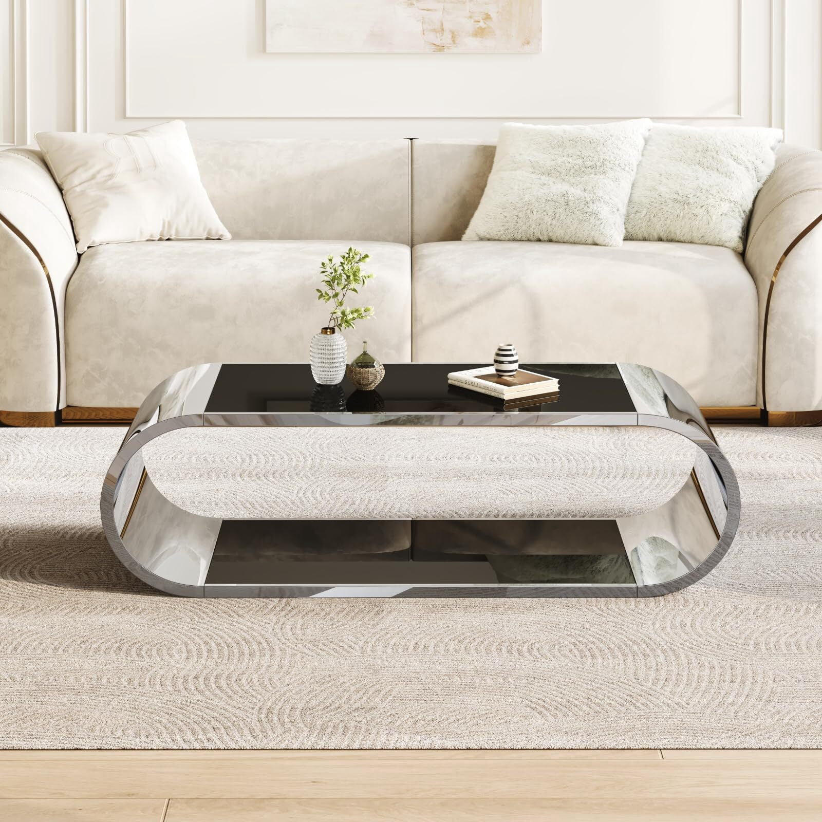 Shikeyi 57" Modern Oval Coffee Table with Silver Stainless Steel Base, 2-Tier Black Tempered Glass Top, Luxury Curved Center Table for Living Room, Home Office, Apartment, Unique Glam Decor