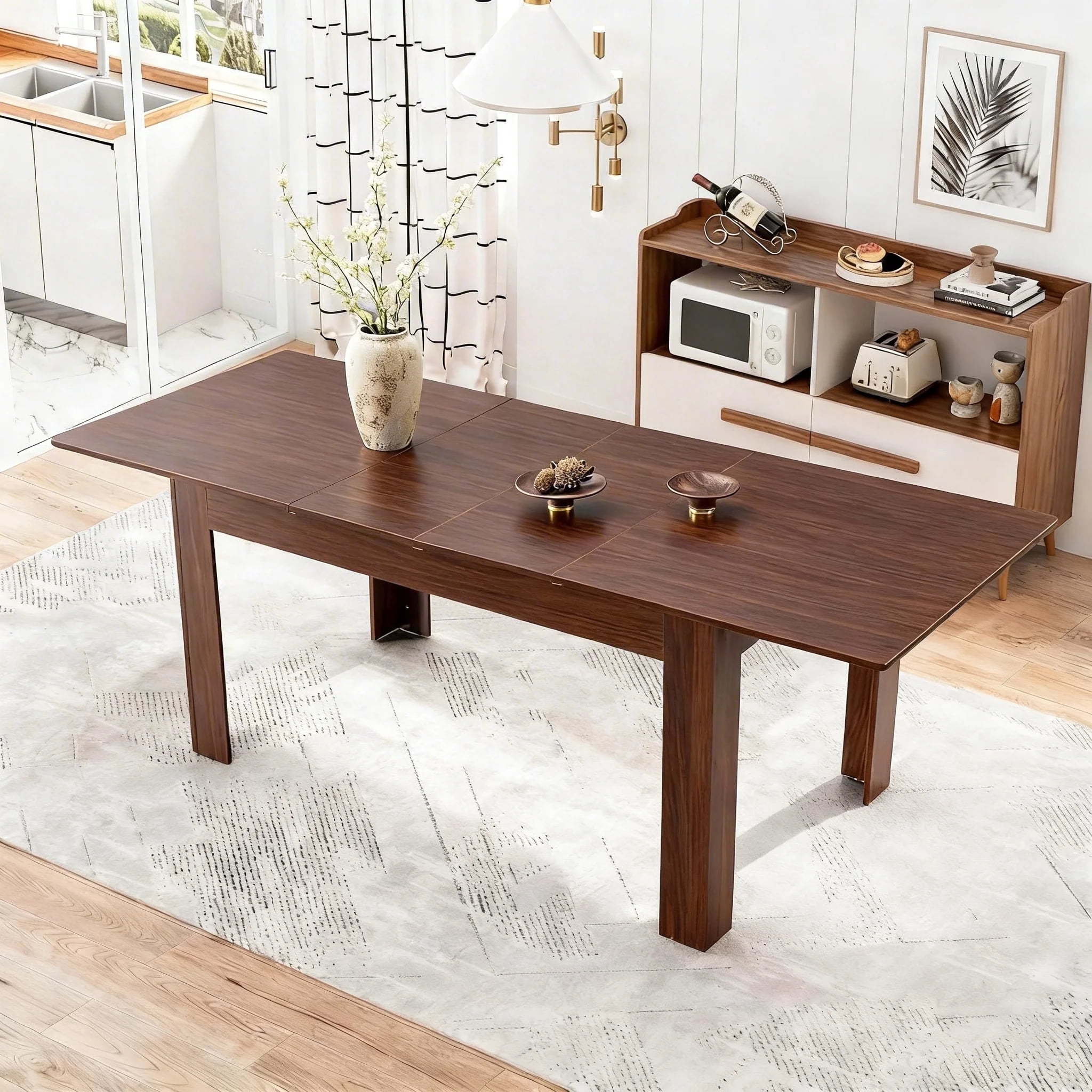 Shikeyi 59"-86" Extendable Dining Table for 6-10 People, Modern Rectangular Walnut MDF Kitchen Extendable Table with Adjustable Length, Space-Saving Walnut Finish Dinner Table, for Small Dining Room