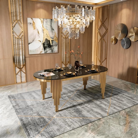 Shikeyi Luxury Gold Oval Dining Table for 6-8, Modern Black Tempered Glass Large 70" Kitchen Table with Art Deco Gold Stainless Steel Fluted Legs, Dinner Table for Dining Room & Banquets