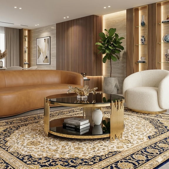 Shikeyi Modern Luxury 31.5" Round Gold Stainless Steel Coffee Table with 2-Tier Black Mirrored Tempered Glass Top, Decorative Center Accent Table for Living Room, Apartment & Home Office