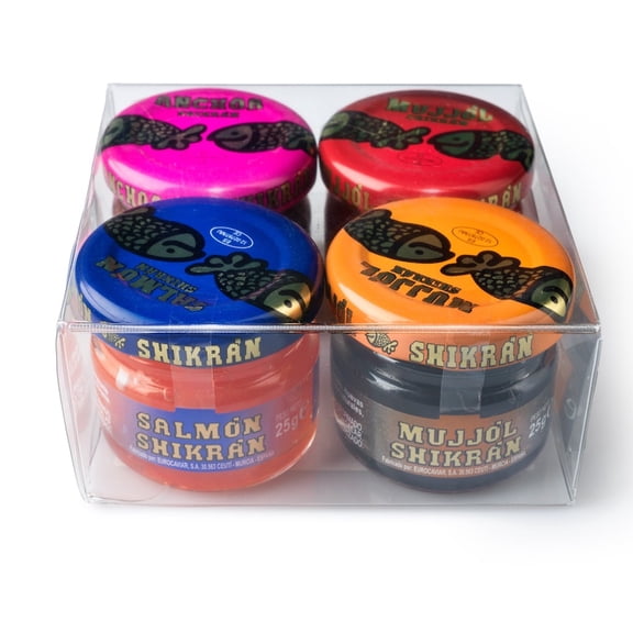 Shikran Euro Caviar Sampler Pack: 4 x 0.88 oz Mullet Roe Black, Mullet Roe Red, Smoked Salmon, Anchovies