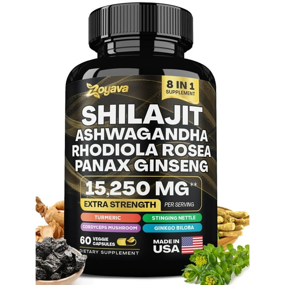 Shilajit 9000 Panax Ginseng 1500MG Ashwagandha 2000MG Rhodiola Rosea 1000MG, Turmeric 500MG, Gingko Biloba 500MG, Stinging Nettle 250MG, Cordyceps Mushroom 500MG (60 Caps)