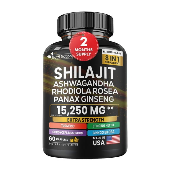 Nutri Nation Shilajit Supplement with Ashwagandha, Rhodiola Rosea, Panax Ginseng, 60 Capsules
