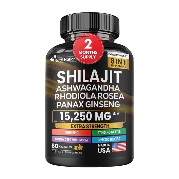 Nutri Nation Shilajit Supplement with Ashwagandha, Rhodiola Rosea, Panax Ginseng, 60 Capsules