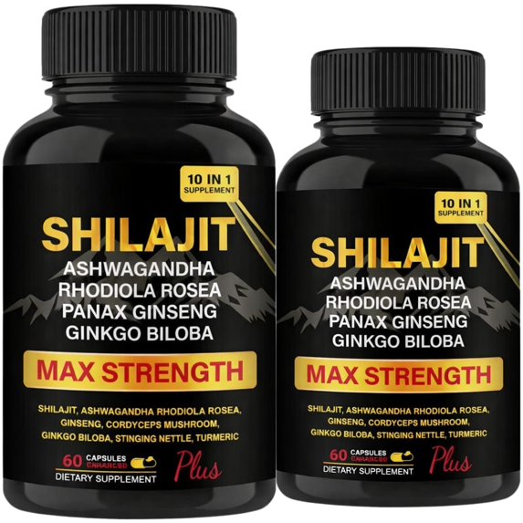 Shilajit Capsules Herbal Supplement with Ashwagandha, Rhodiola, Panax Ginseng & Turmeric – Energy & Vitality Support – Pack 2