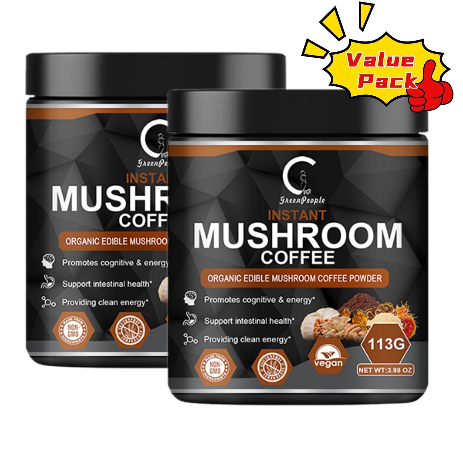 (2 PACK)GPGP Greenpeople Mushroom Coffee Powder Instant, Premium Mushroom Coffee Supplement for Energy, Focus, 8oz Total