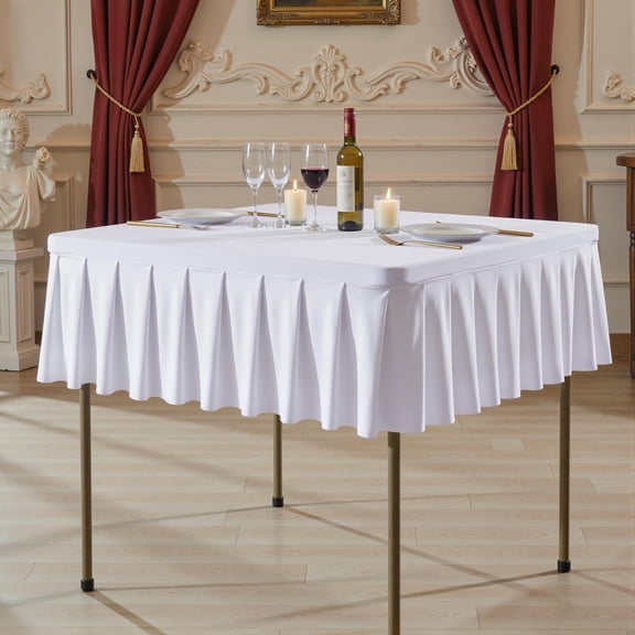 Shillance 34x34 Inch White Spandex Square Tablecloth,Wrinkle Free White Fitted Table Cloth for Square Tables,Washable Pleated Table Cover for Wedding Birthday Cocktail Party Buffet Dinner Camping