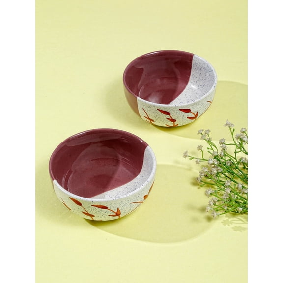 Shilpkara 'Dual Shaded Leaf' Snacks Cereal Ceramic Breakfast Serving Bowls (300 ml, Set of 2)