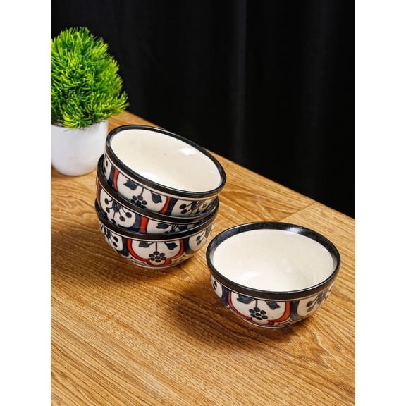 Shilpkara 'Moroccan Butteryfly' Hand Painted Studio Pottery Ceramic Dining Bowl (Set of 4, Black)
