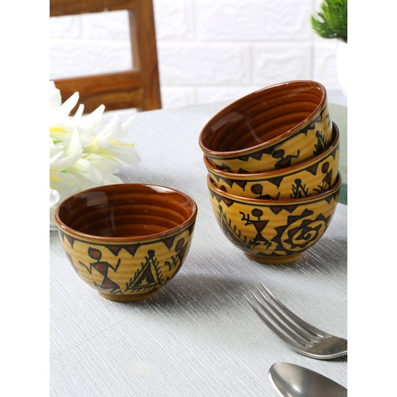 Shilpkara "The Madhubani Tales" Handpainted Ceramic Bowl For Dining (Set of 4, 200 ML)
