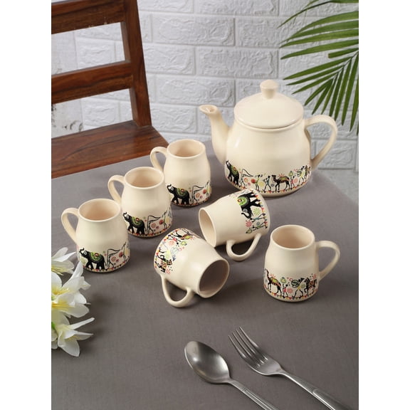 Shilpkara "Traces of the Ancient" Ceramic Tea Cups & Kettle Tea Set (1 Kettle & 6 Tea Cups)