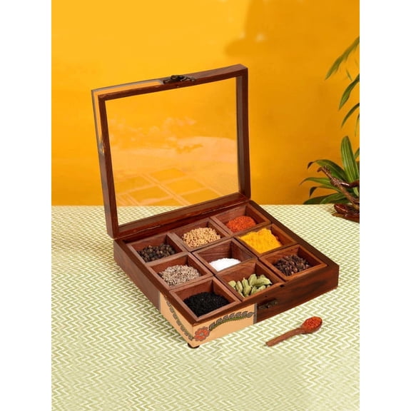 Shilpkara "Tribal Leaf" Madhubani Wooden Spice Box with 9 Containers & Spoon