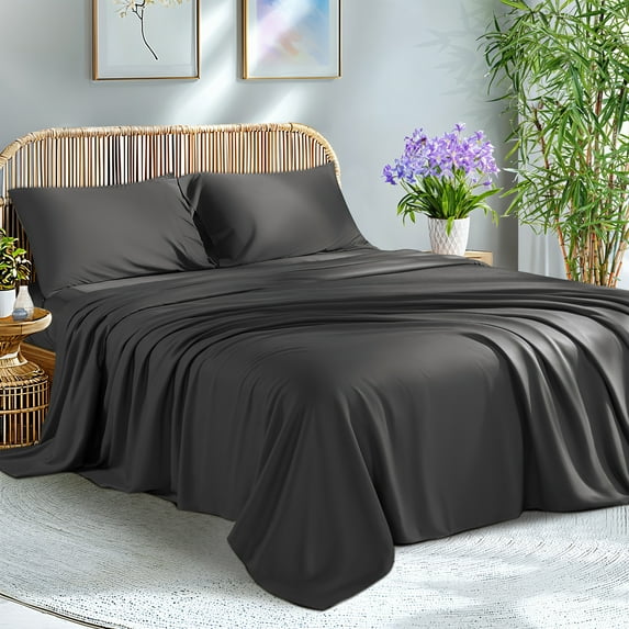 KATOON 100% Organic Bamboo Bed Sheets, California King Sheet Sets 4 PC, 1800 Series Sheets with 16" Deep Pocket, Black