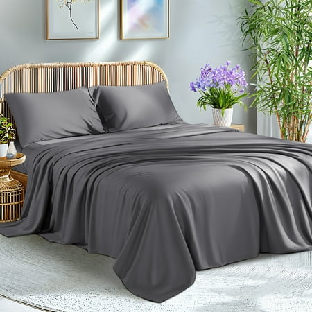 KATOON 100% Organic Bamboo Bed Sheets, California King Sheet Sets 4 PC, 1800 Series Sheets with 16" Deep Pocket, Dark Gray