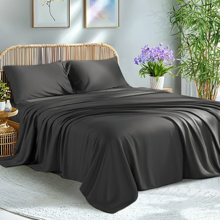 KATOON 100% Organic Bamboo Bed Sheets, Full Sheet Sets 4 PC, 1800 Series Sheets with 16" Deep Pocket, Black