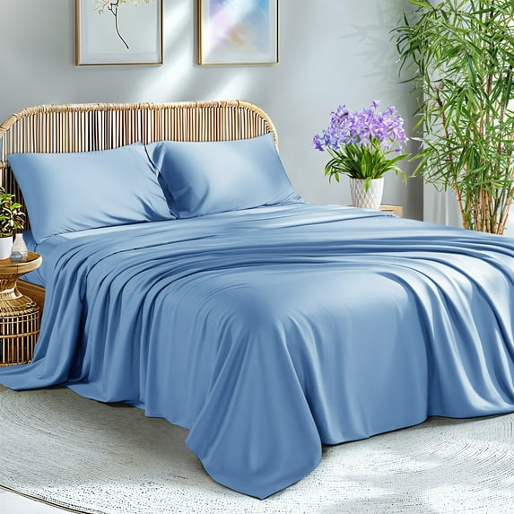 KATOON 100% Organic Bamboo Bed Sheets, Queen Sheet Sets 4 PC, 1800 Series Sheets with 16" Deep Pocket, Lake Blue