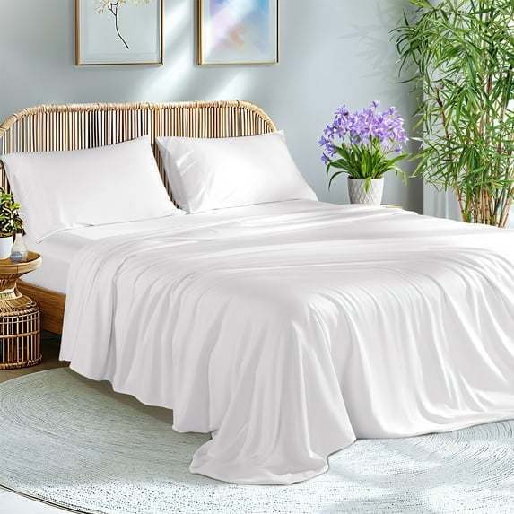 KATOON 100% Organic Bamboo Bed Sheets, Queen Sheet Sets 4 PC, 1800 Series Sheets with 16" Deep Pocket, White