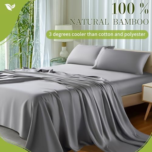 Shilucheng 100% Viscose Derived from Bamboo_ Sheets King Size 4pcs - Ultra Cooling & Silky Soft Bed Sheets, 16" Deep Pocket, Perfect for Hot Sleepers, Hotel Bedding Sheets (Grey)