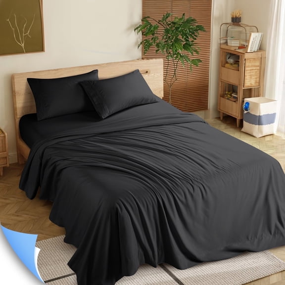 Shilucheng 4 Pieces Luxury Bed Sheets Set, 1800 Series Plush Microfiber Bed Sheets, 16" Deep Pocket, California King, Black