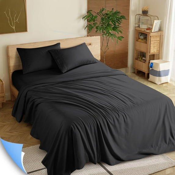 Shilucheng 4 Pieces Luxury Bed Sheets Set, 1800 Series Plush Microfiber Bed Sheets, 16" Deep Pocket, Full, Black