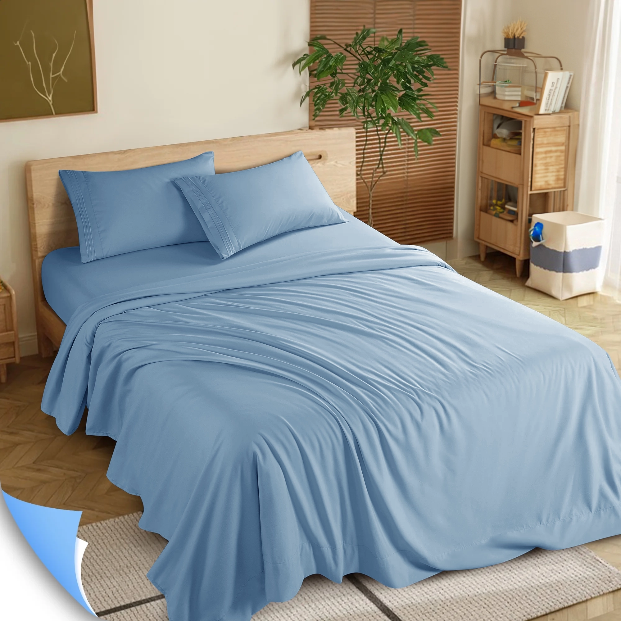 KATOON 4 Pieces Luxury Bed Sheets Set, 1800 Series Cooling Microfiber Bed Sheets, 16" Deep Pocket, Full, Lake Blue